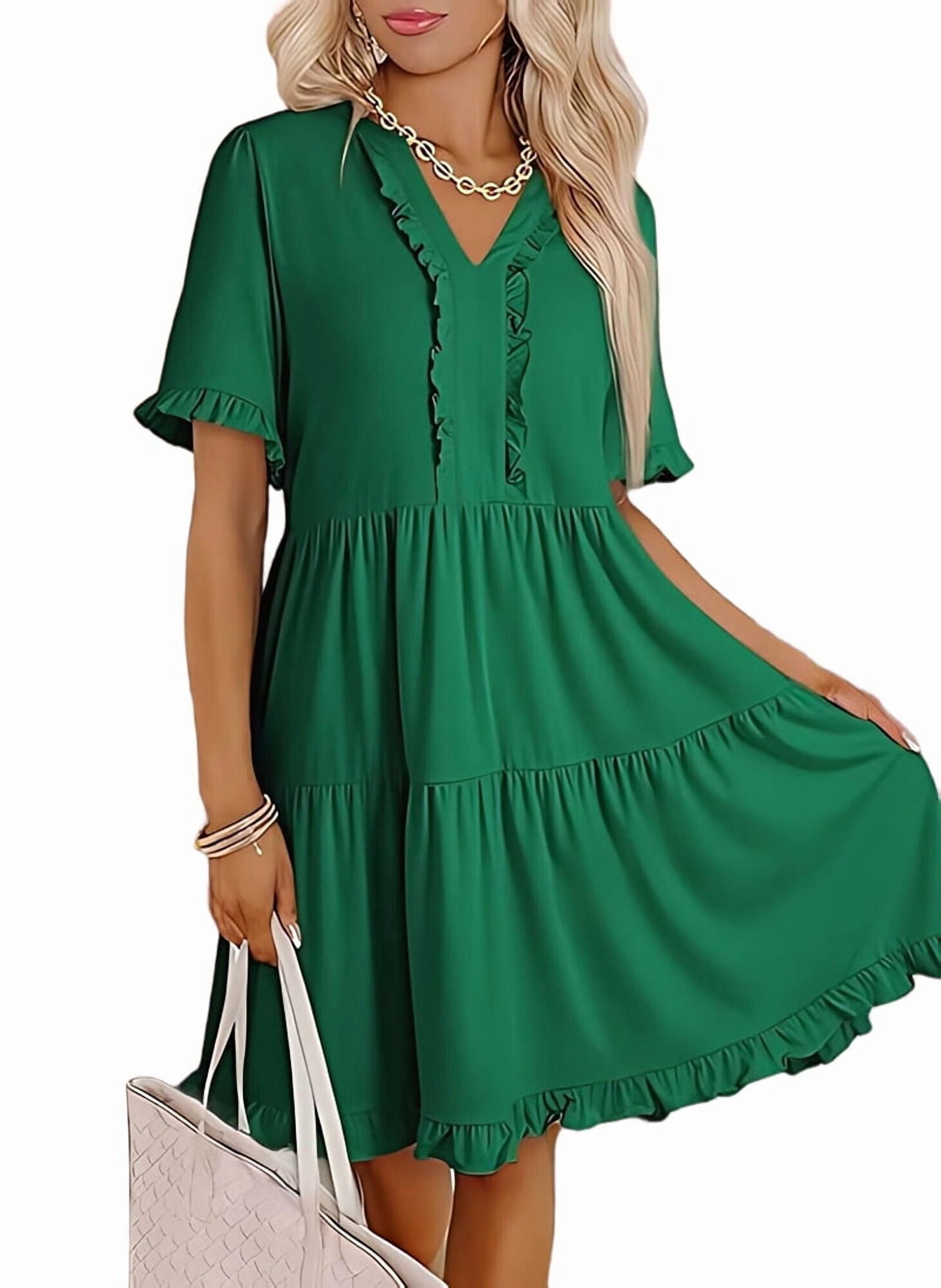 Womens Dresses 2025 Summer Spring V Neck Short Sleeve Casual A Line Flowy Swing Shift Dress Mini Dress Green XXL