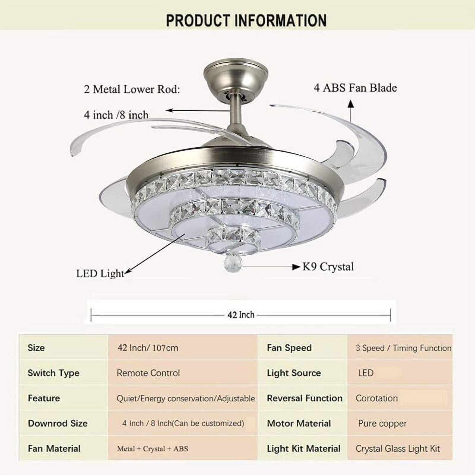 EAYSG 42'' Crystal Ceiling Fans with Lights,LED 3 Color Remote Control Retractable Invisible Blades 3 Speeds Indoor Ceiling Light with Fans