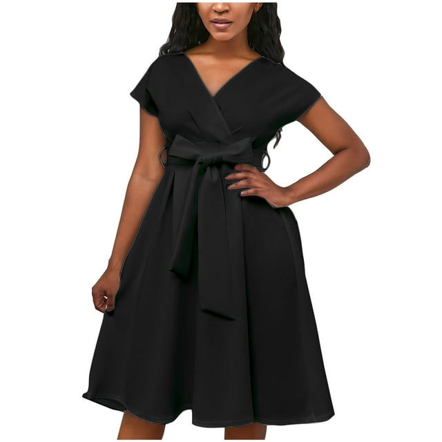 Pisexur Robe Midi pour Femmes Manches Courtes Col en V Robe d'Été Mode Unie Robe à Tempérament