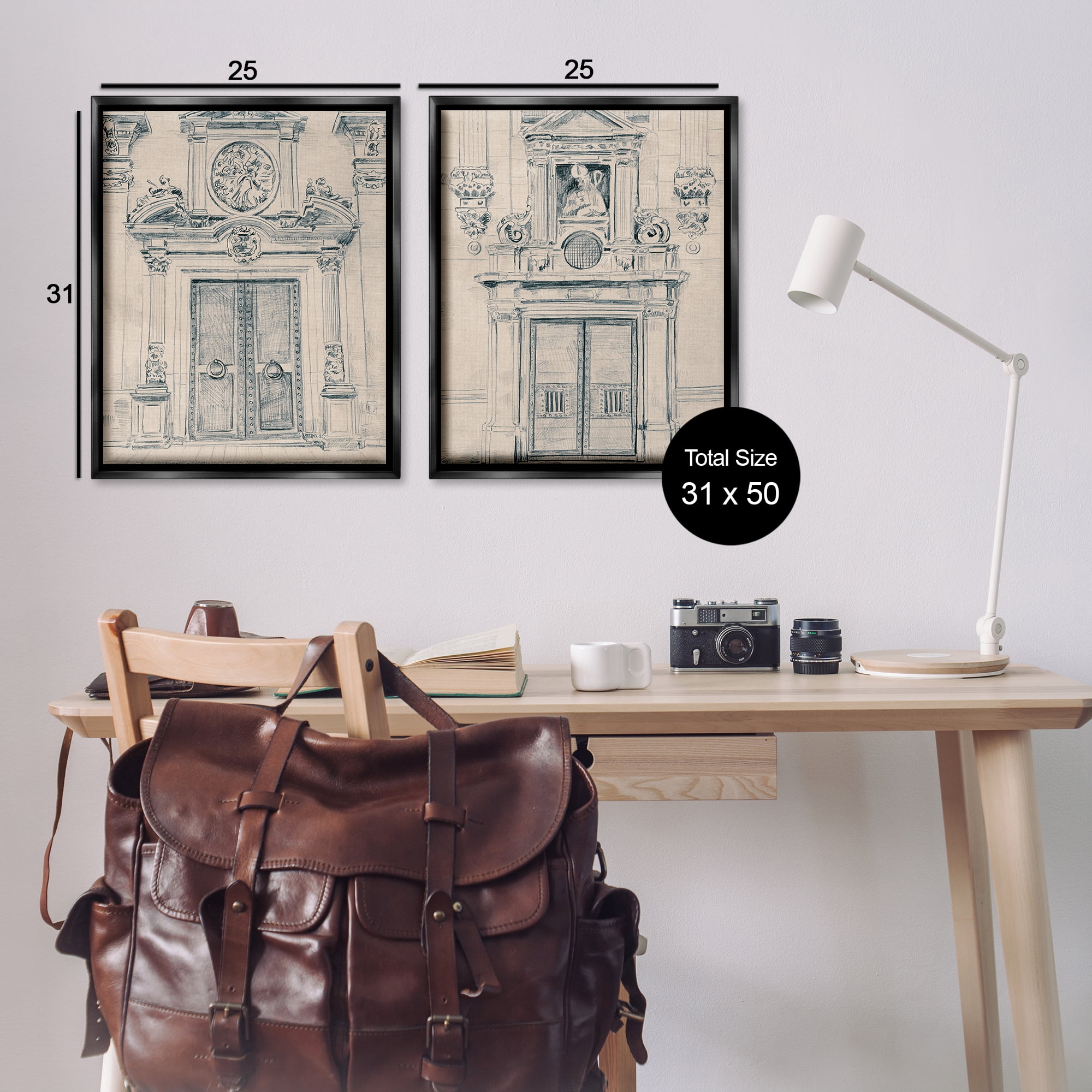 Stupell Industries Pencil Sketch Ornate Door Buildings & Architecture Drawing Black Floater Framed Canvas Art Print Wall Art, 31 x 25, Set of 2