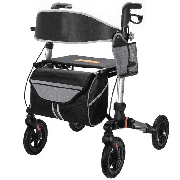 Rollator Walker for Seniors, Foldable All Terrain Walker with Seat, 8" Rubber Wheels and Backrest, Built-in Cable Lightweight Aluminum Walkers with Adjustable Height (Gray)