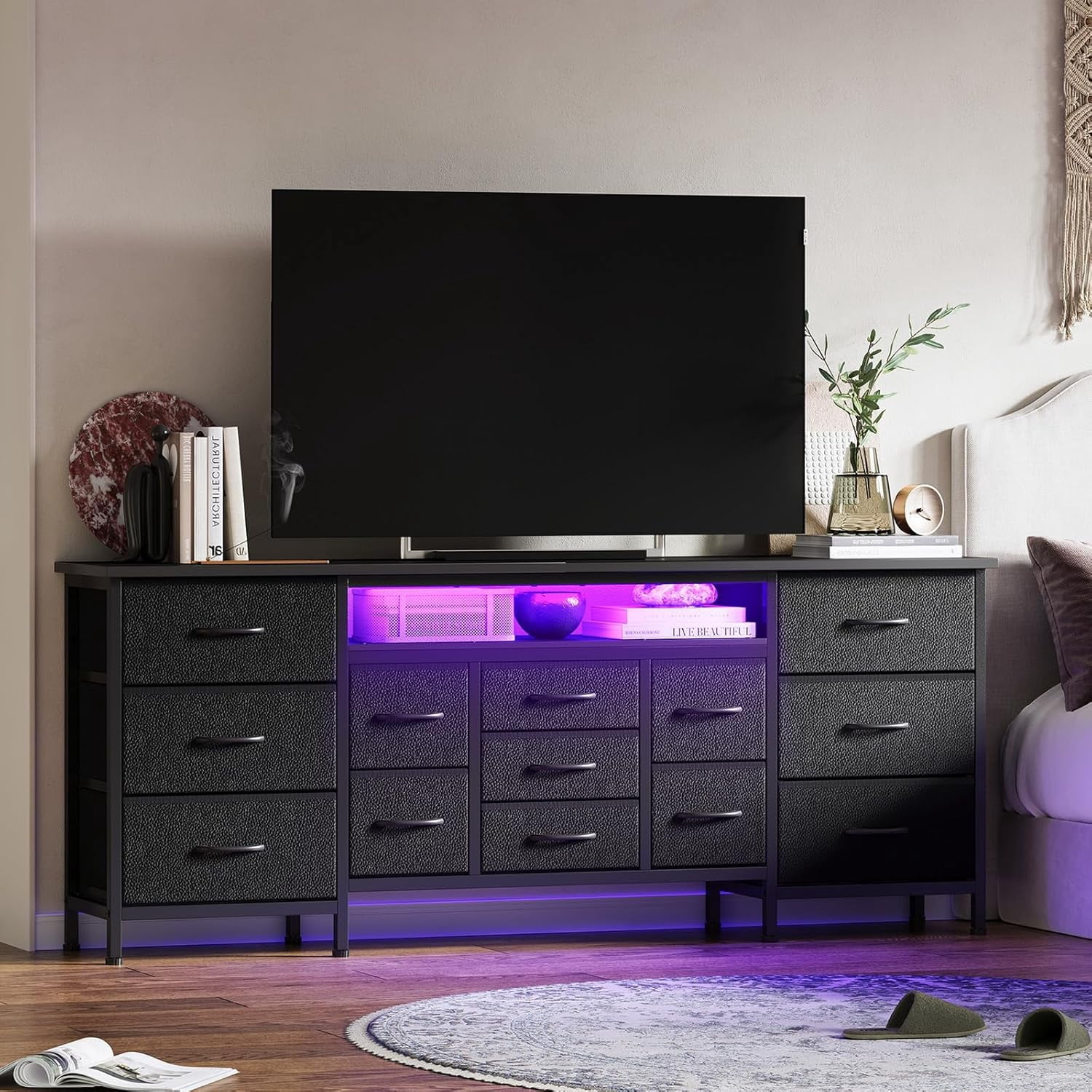 CuisinAid 70-Inch Black Dresser for Bedroom TV Stand with 13 Fabric Drawers Long Dresser with LED Lights and Power Outlets