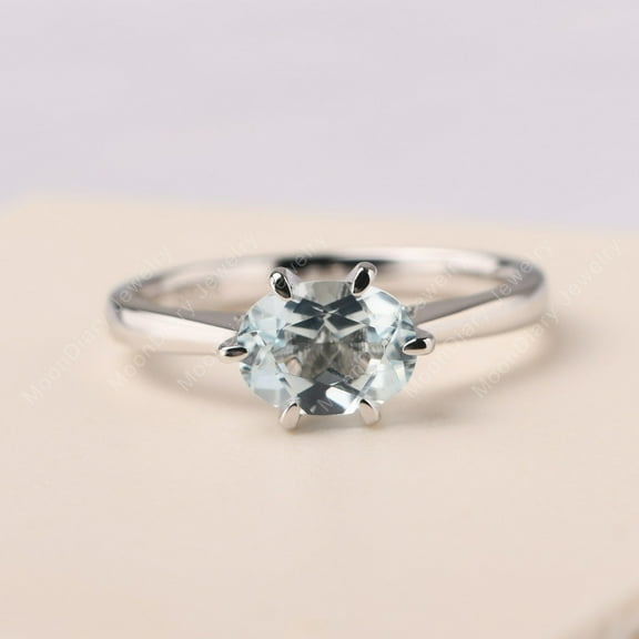 6 Prongs aquamarine ring oval cut 1.13 carat promise ring sterling silver March birthstone ring