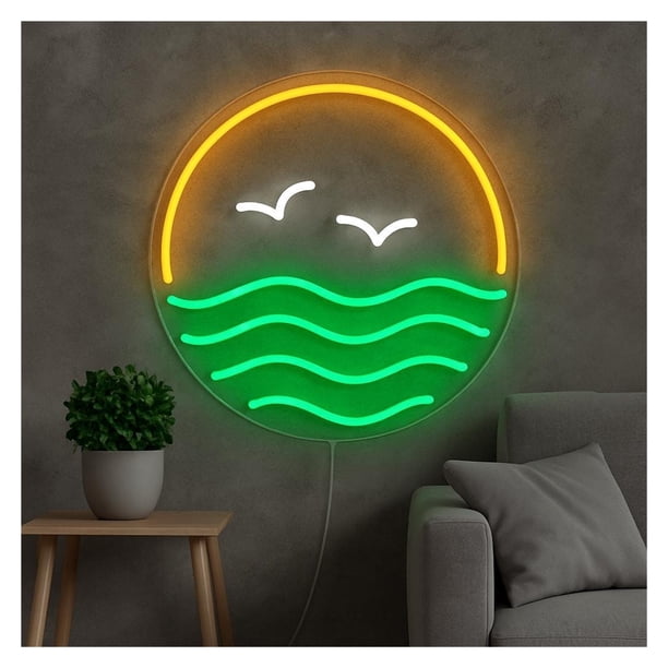 Letrero De Neón Atardecer, Olas Del Océano Con Pájaros, Ideal Para Decorar La Pared Un Bar Playa, Luz Regulable 38cm