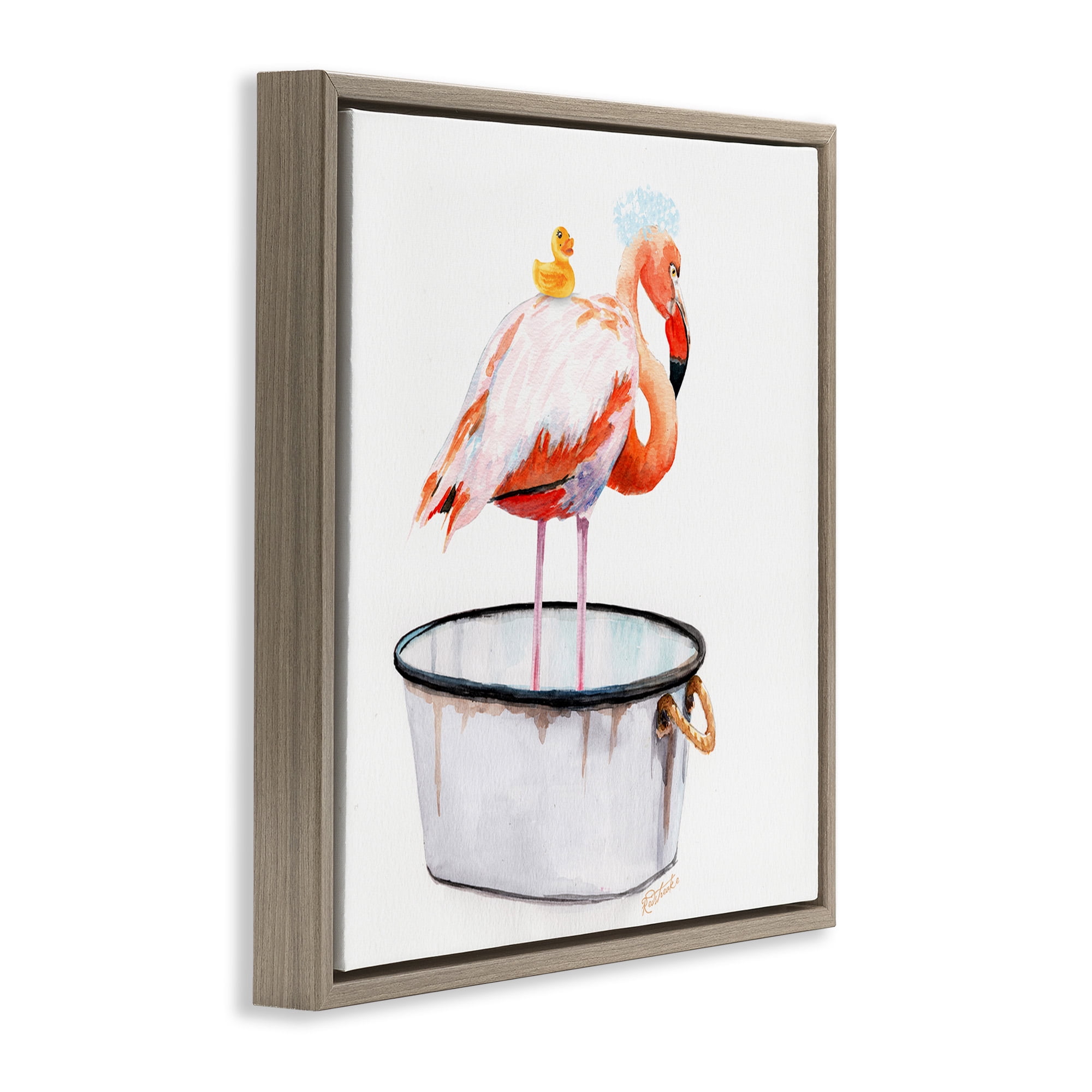 Stupell Industries Flamingo Bubble Bath Time Animals & Insects Painting Brown Floater Framed Canvas Art Print Wall Art, 25 x 25