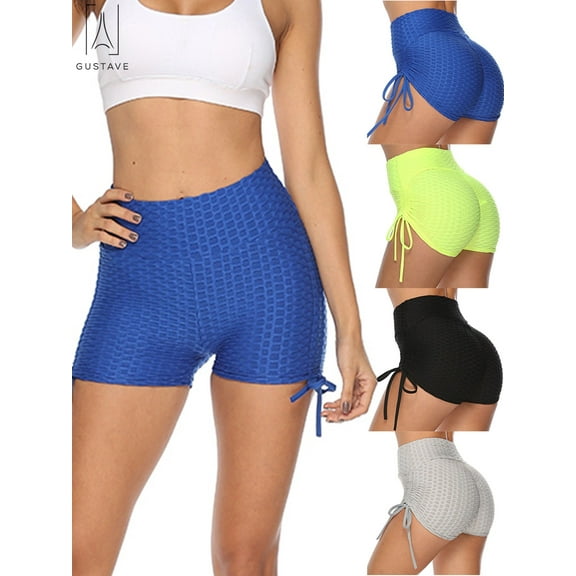 Guatsve Women's Workout Shorts Yoga Shorts High Waisted Running Shorts Tummy Control Textured Leggings Athletic Short Pants "Blue, XL"