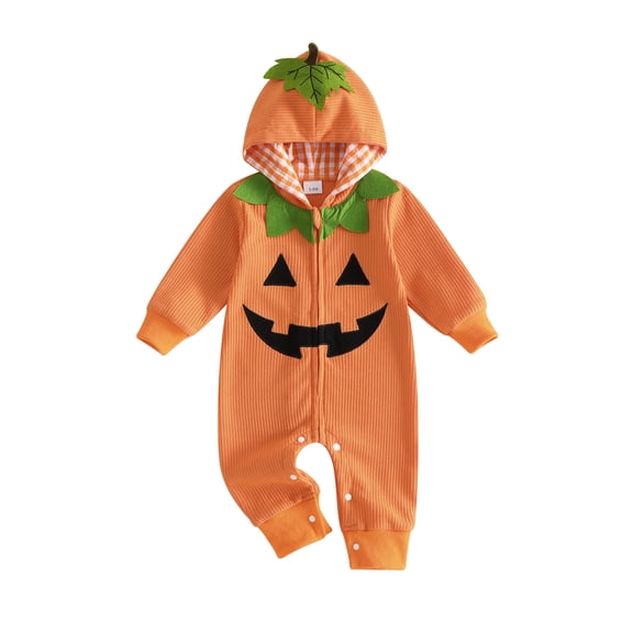 Cjfdfy Newborn Baby Girl Boy Halloween Fall Outfit Pumpkin Ghost Halloween Costume Long Sleeve Hooded Zipper Jumpsuit My First Halloween Fall Winter Outfit 0-18M