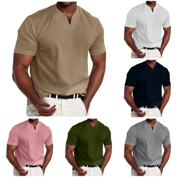 Ulitacool Mens T Shirts Muscle V Neck Shirts Slim Fit Shirt Short Sleeve Tee With Pocket Casual Clothing Khaki