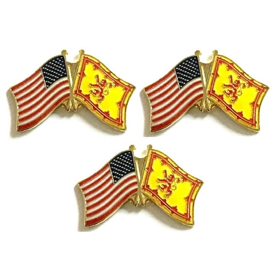 Scotland Lion & US Crossed Double Flag Lapel Pins, Pack of 3