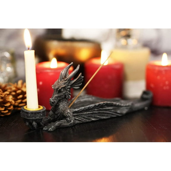 Ebros Gothic Stony Dragon Incense Burner and Candle Holder Figurine 10" Long