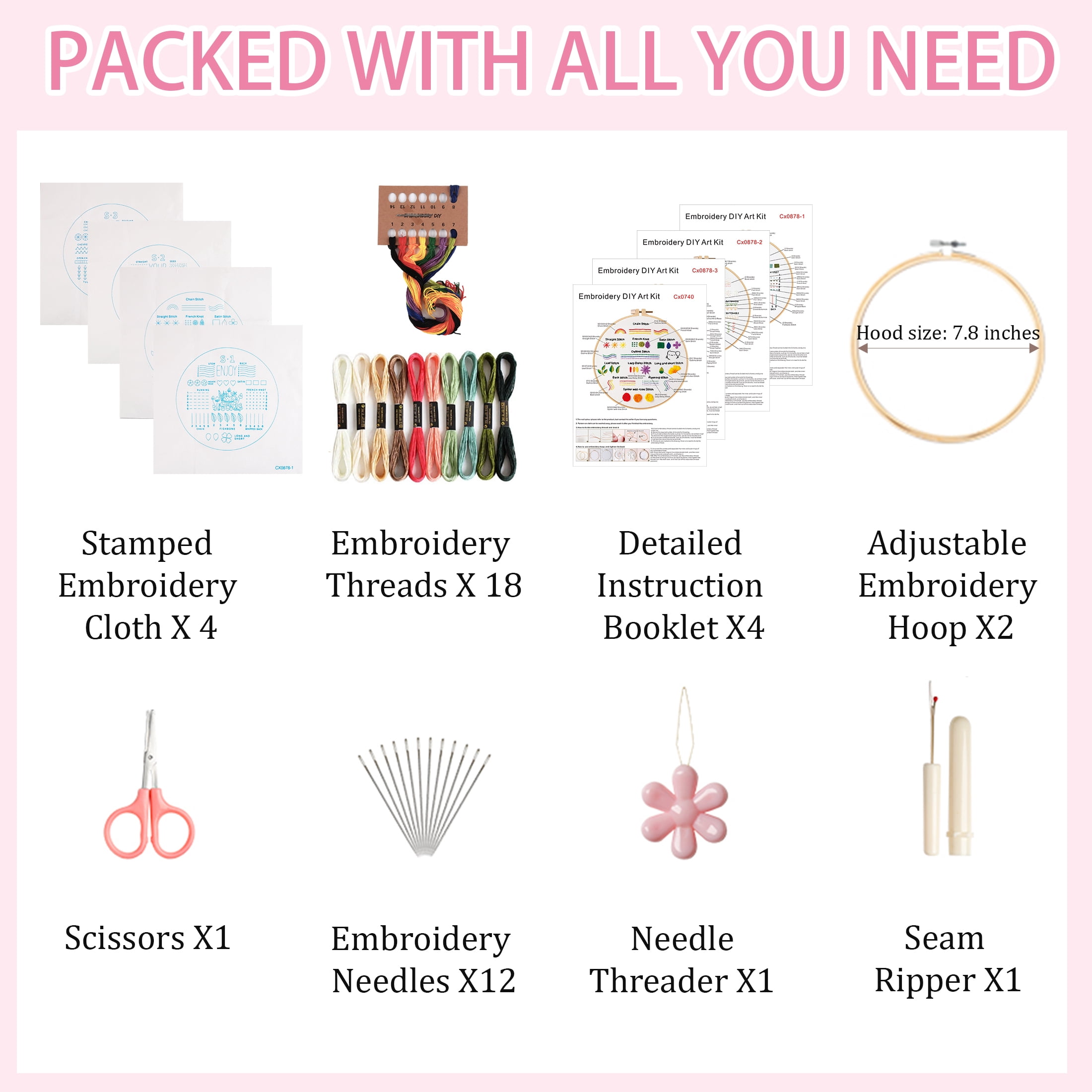 Yalumo Embroidery Kit for Adult Beginners, 4 Pack Stitch Practice Set to Learn 36 Basic Stitches, Hand Cross Stitching Kit with Hoop, Tools, Colorful Threads, and Needles