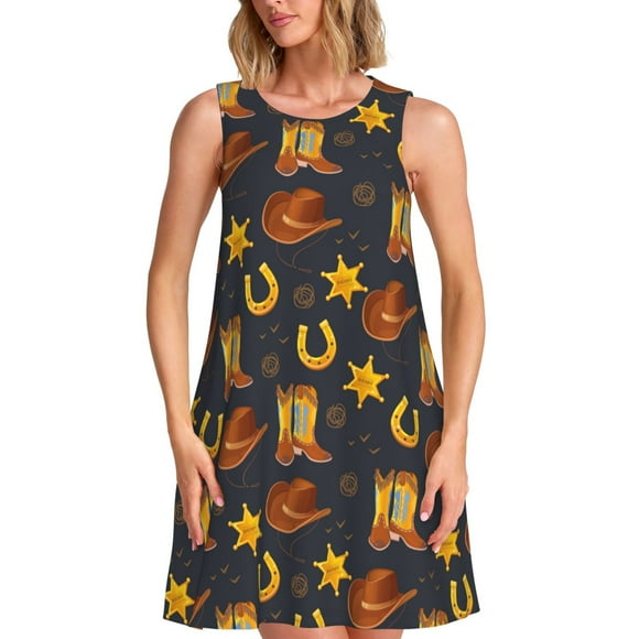 Gaeub Wild West Golden Horseshoe Print Women's Sleeveless Dresses,Beach Casual Tank Loose Sundress,A Line Beach Dresses with Pockets,Womens Summer Maxi Dress