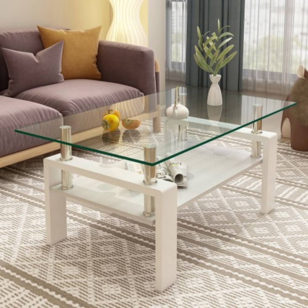 Rectangle Coffee Table, 39.2" Tempered Glass Tabletop with White MDF Storage Shelf and Iron Legs, Modern Clear Glass Center Table for Living Room, 220 lbs