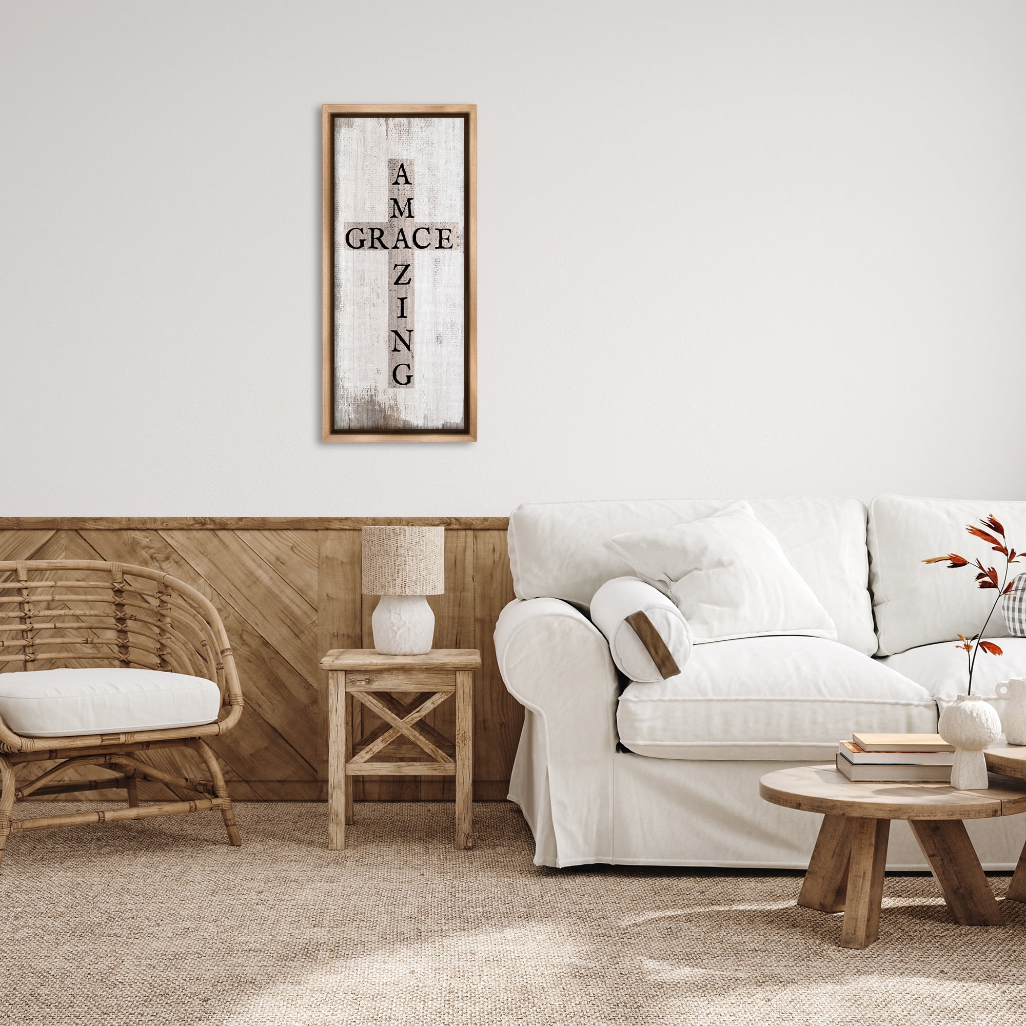 Stupell Industries Amazing Grace Rustic Cross Typography Painting Brown Floater Framed Canvas Art Print Wall Art, 15 x 31