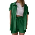thumbnail image 2 of YHAJDS Womens Casual Outfit 2 Piece Set Short Sleeve Collar Top High Waist Drawstring Shorts Suit, 2 of 5