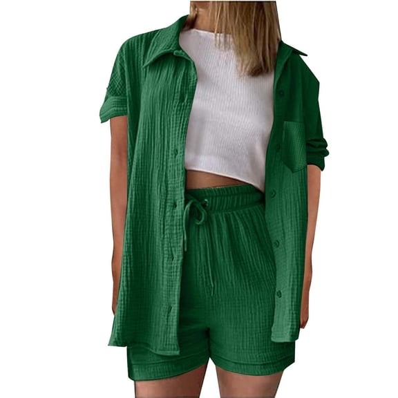 Htigea Women's Summer Two Piece Sets Short Sleeve Button Down Shirts Drawstring Shorts Linen Outfits Casual Beach Wear Green S