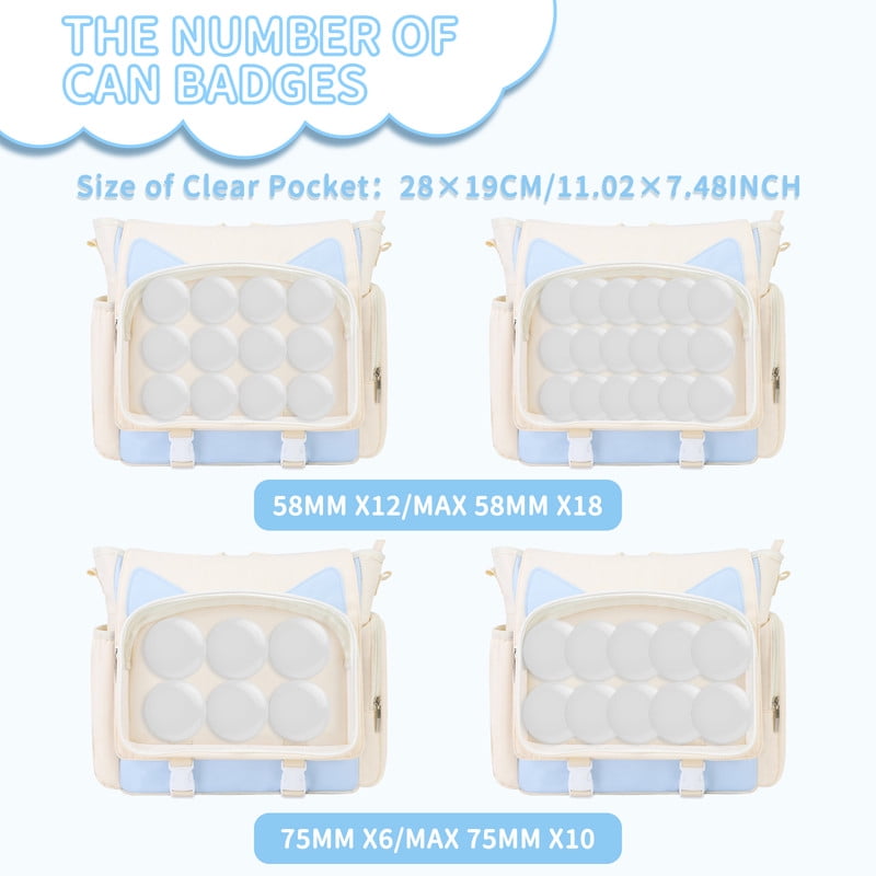 TINYAT Backpack for Women Cute Crossbody Bag DIY Kawaii Anime Y2K Cat Ita Bag for Shop Concert College White-blue
