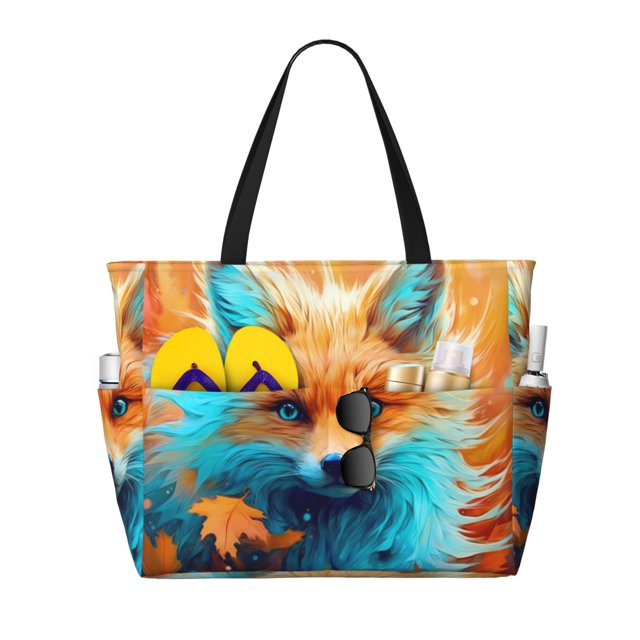 Fotbe Fiery Red Maple Leaf Fox Pattern Water-Resistant Beach Travel Bag - Large Capacity Tote with 7 Pockets, Lightweight Design for Women & Men, Perfect for Beach, Pool & Gym