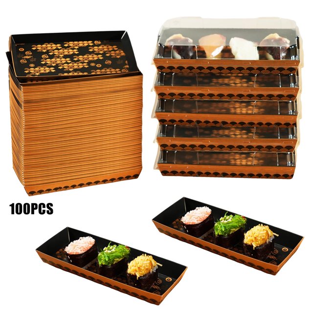 Verdelife Sushi Trays with Lids, 100pcs Disposable Sushi Container Box with Cover, Black Japanese Take Out Charcuterie Boxes To Go Containers Entrees Cookies Desserts for Party