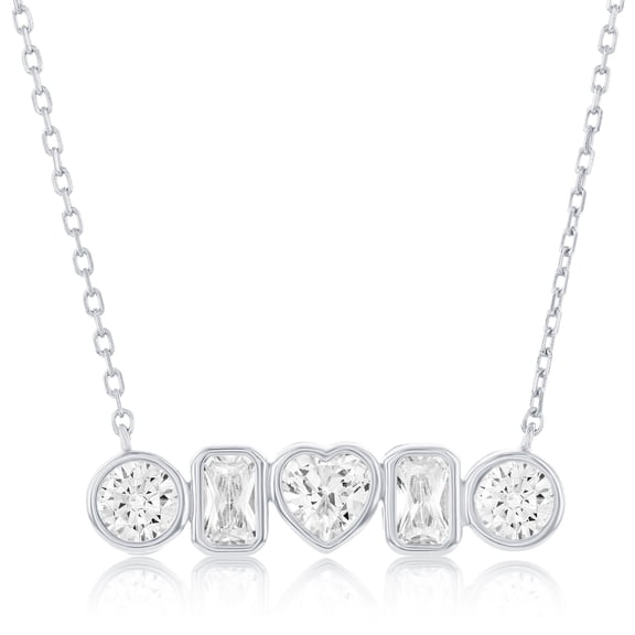 Beaux Bijoux Sterling Silver Bezel-Set Simulated Diamond CZ Bar Necklace for Women - Multi-Shaped Bar Pendant - Fine Necklace for Her