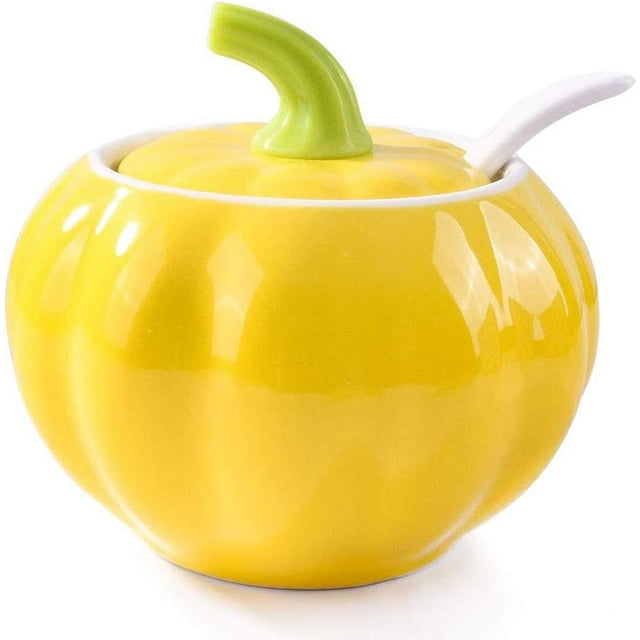 YISITIAN Porcelain Sugar Bowl with Lid and Spoon, Pumpkin Shaped Ceramic Salt Cellar for Kitchen Countertop Storage, Elegant Orange Spice Container for Dining Table Decor, 10.5 OZ (300ml) AZ1014-4601