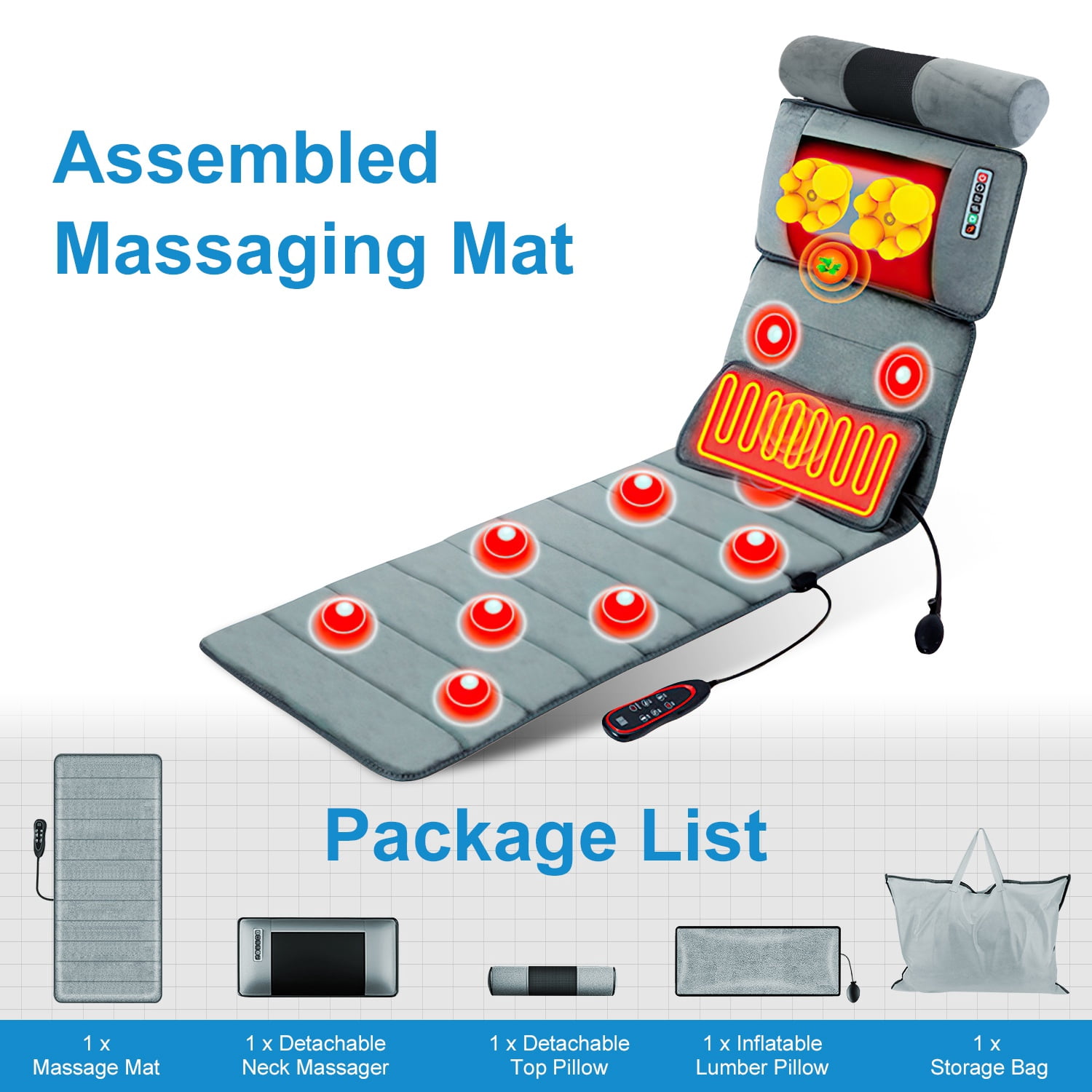 Full Body Massage Mat with Neck Kneading Massager – 10 Vibration Points, 9 Massage Modes, Heating & Inflatable Lumbar Pillow, Portable Home Spa Gift Set, Gray
