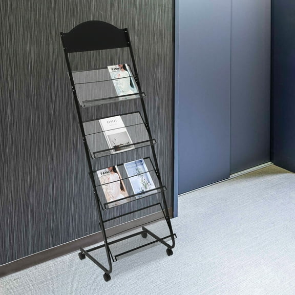 4-Layer Magazine Newspaper Rack Mobile Metal Floor-Standing Black with Wheeled for Offices, Waiting Rooms