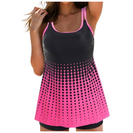 FULORRNIE Women s Trendy Tankini Swimsuit Set Gradient Polka Dot Swimwear Comfortable Wide Straps Bathing Suits  Hot Pink  S