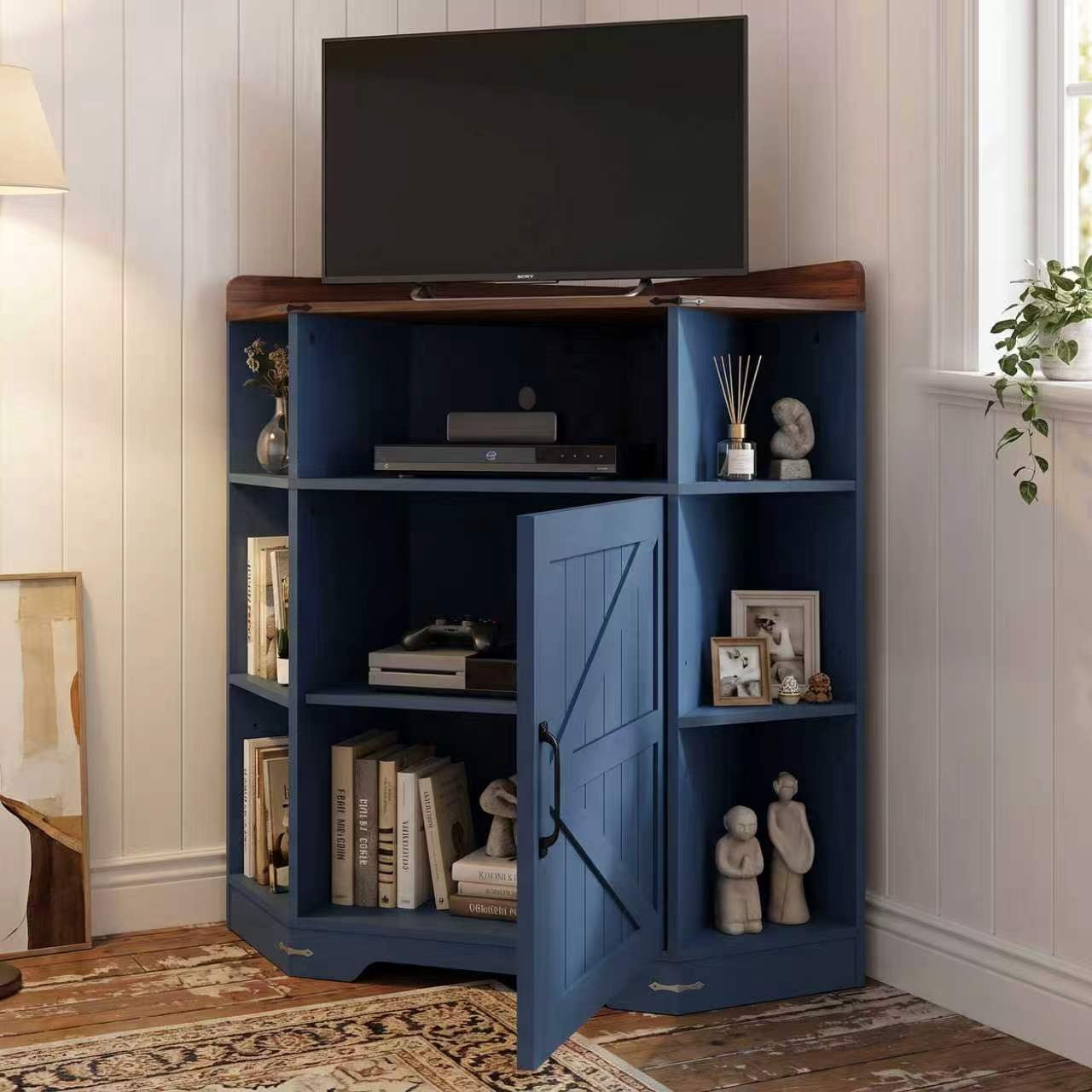 Corner Storage Shelf Cabinet with USB Ports and Outlets, 6-Cubby Wooden Bookshelf and Display Organizer for Small Spaces and Study, Blue and Brown
