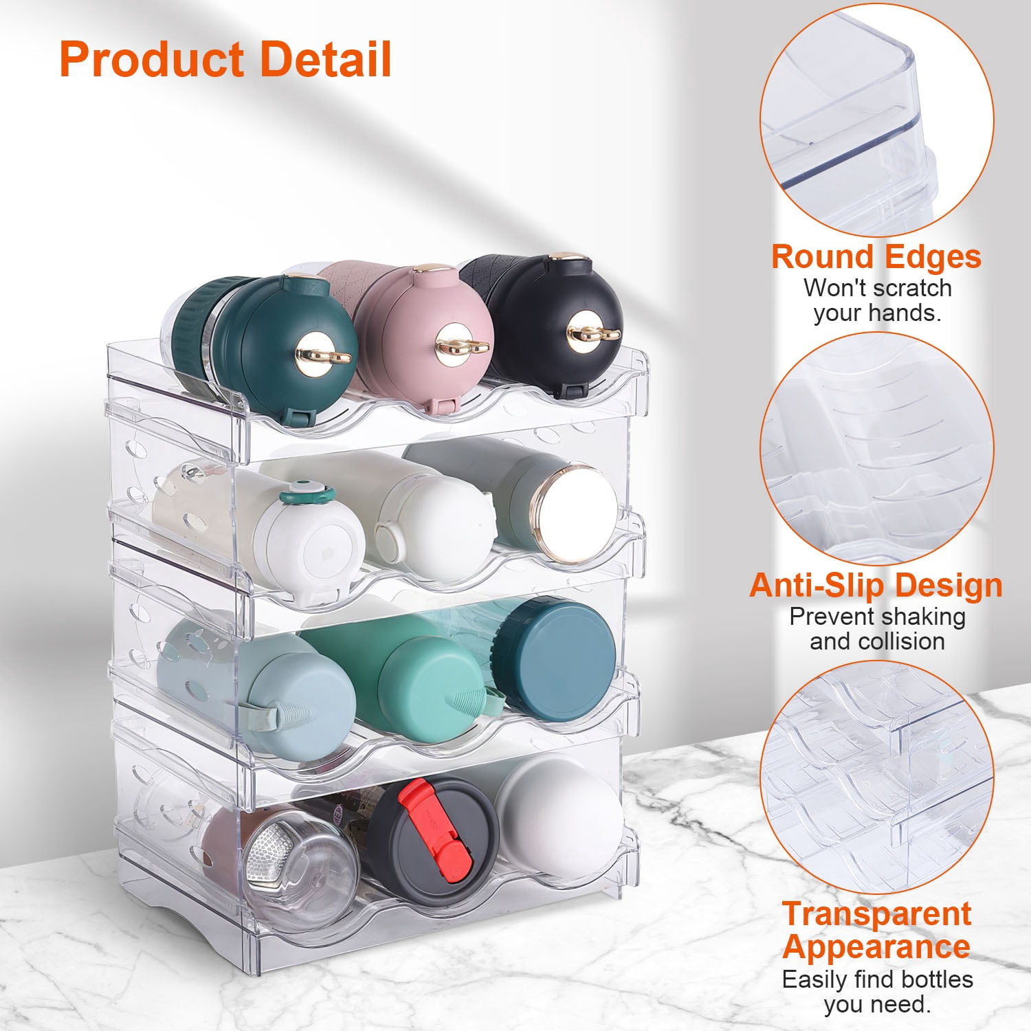 12 Bottle Plastic Bottle Storage Holder,  Free-Standing Water Bottle/Wine and Drink Organizer Shelf for Kitchen Cabinet, Fridge, Countertop, Pantry, Freezer, Clear