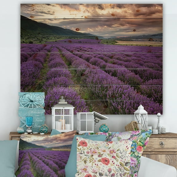 Designart 'Lavender Field At Sunrise I' Farmhouse Print on Natural Pine Wood