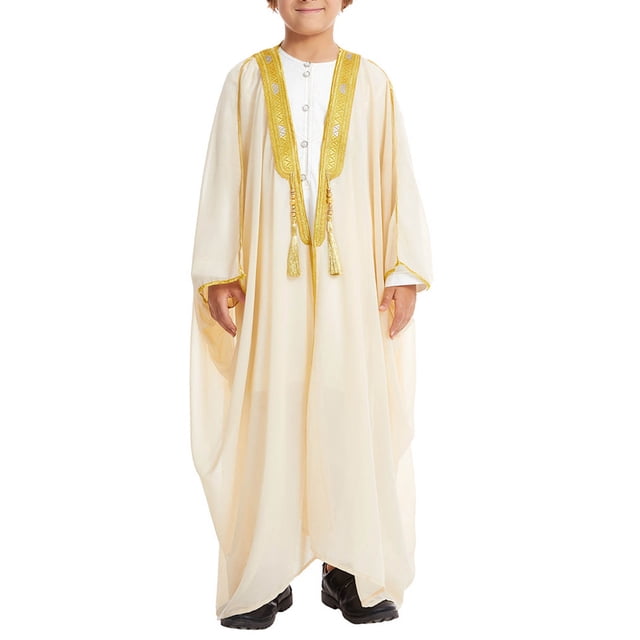 YUNAFFT Robe Musulmane pour Garçons Arabe Brodée Perles Manteau Décontracté Manches Longues pour 2-12 Ans