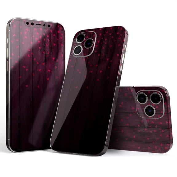 DesignSkinz Falling Micro Hearts Over Burgundy Planks of Wood Full-Body Skin Decal Wrap Cover for iPhone 16