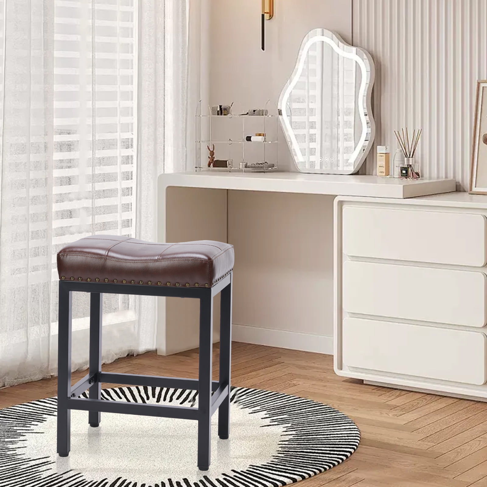 GIANNA Set of 4, Bar Stools 24 Inch - Stylish Counter Height Chairs, With Metal Bases and PU Leather Seats, For Kitchen Island, Brown