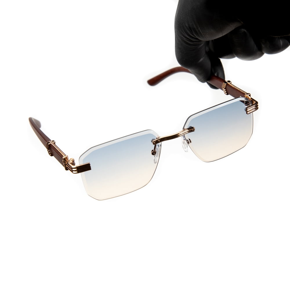 Men's Gold Frame Rimless Gray Tan Gradient Tint Hip Hop Woodgrain Sunglasses