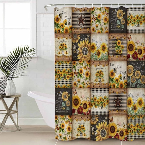 Shower Curtain for Bathroom Vintage Country Pastoral Sunflower PlaidWaterproof Bath Curtains Shower Curtains with Hooks,Yellow BrownBathroom Curtain Privacy Drapes for Bathtubs Toilet 36x72in