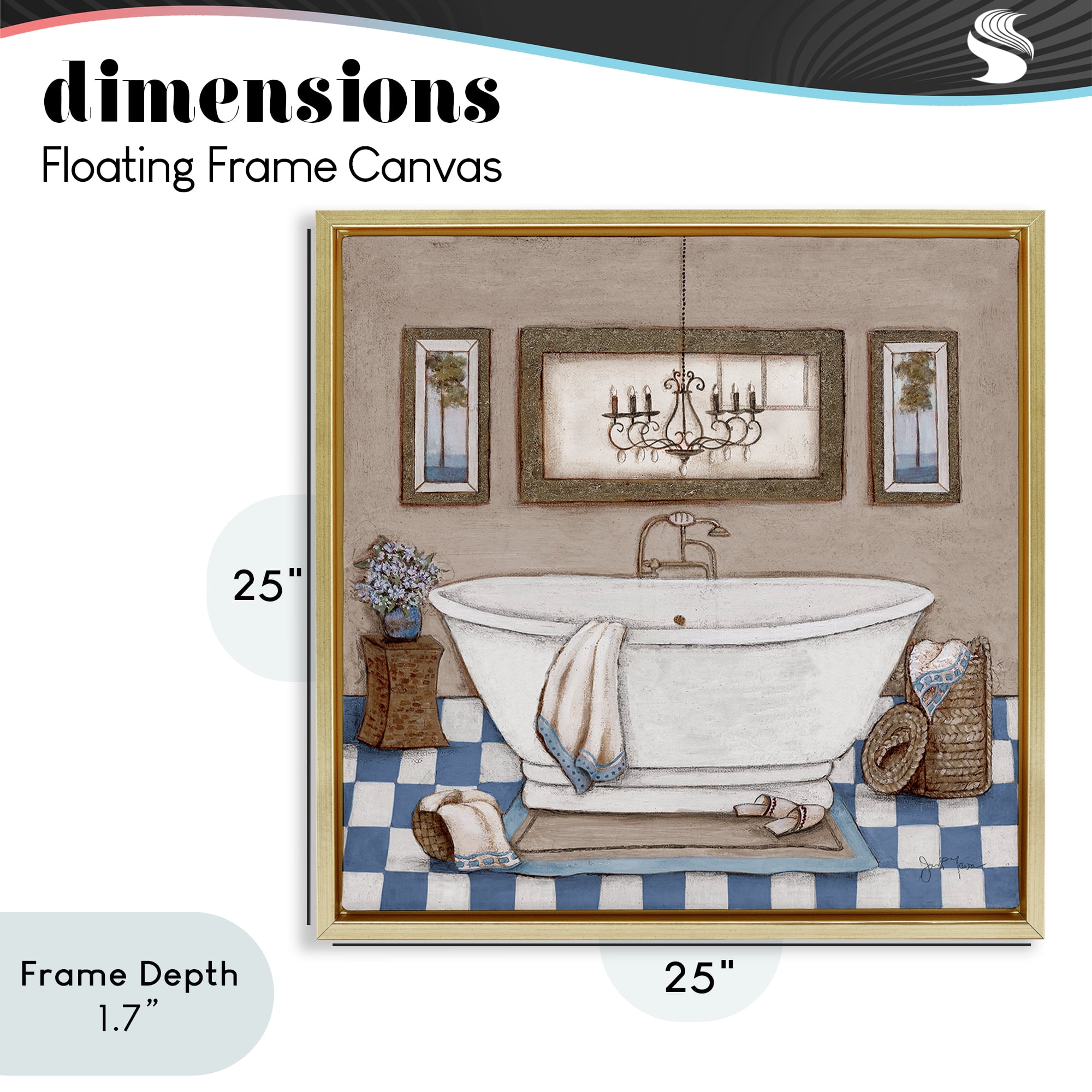 Stupell Industries Checkered Bathroom & Chandelier Gold Framed Floater Canvas Wall Art, design by Janet Tava