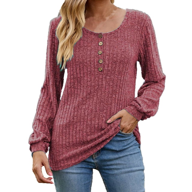 Staron Chemises à Manches Longues pour Femmes Chic Décontracté Hauts Tendance Mode d'Automne Bouton Uni Chandail Col Rond Léger Blouses de Printemps Chandails Basiques Cadeaux de Noël pour Petite Amie