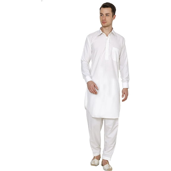 Royal Mens Neck Thread Embroidered Off-White Classic Collar Polycotton Pathani Kurta and Salwar