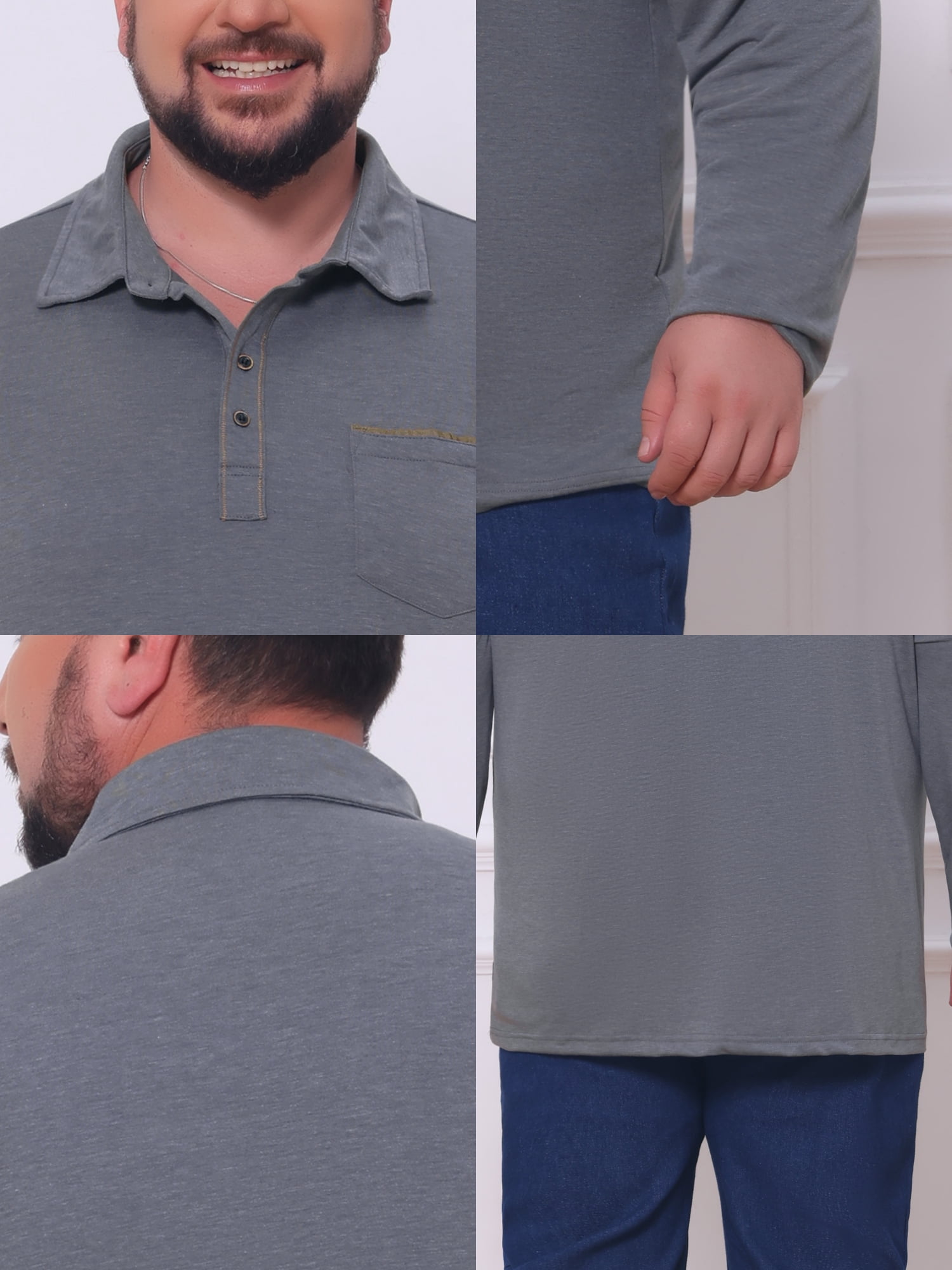 DARING DIVA Men's Big Tall Chest Pocket Long Sleeve Business Polo Shirt 3XL Gray