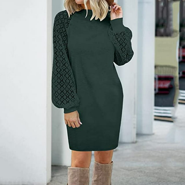 Mikilon Femmes Pull Manches Longues Automne Solide Décontracté 0-Cou Sweat-Shirt Robe