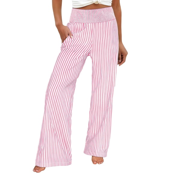 Floleo Women's High Waisted Straight Leg Wide Leg Striped Pants with Elastic Waist Casual Loose Fit with Pockets Suitable for Work Dating Beach All Season Wear 2026(Pink,XL)