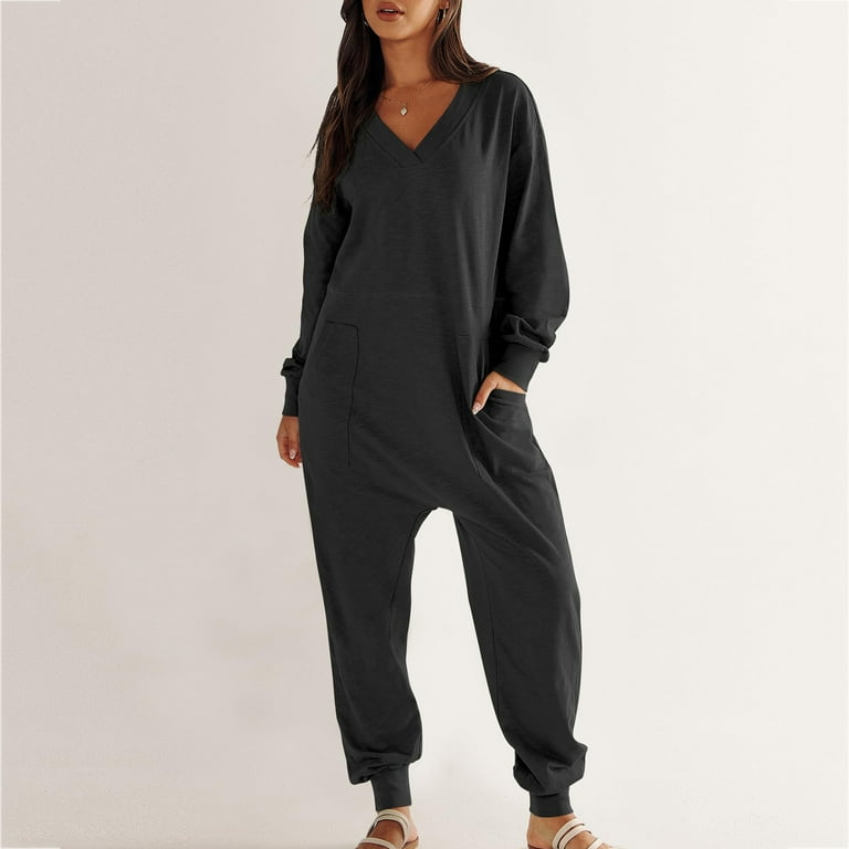 Apexfwdt Women s Casual Loose Jumpsuits Long Sleeve V Neck Oversized Rompers Baggy Overalls Lounge Pajamas Onesie Jumper Romper with Pockets Size