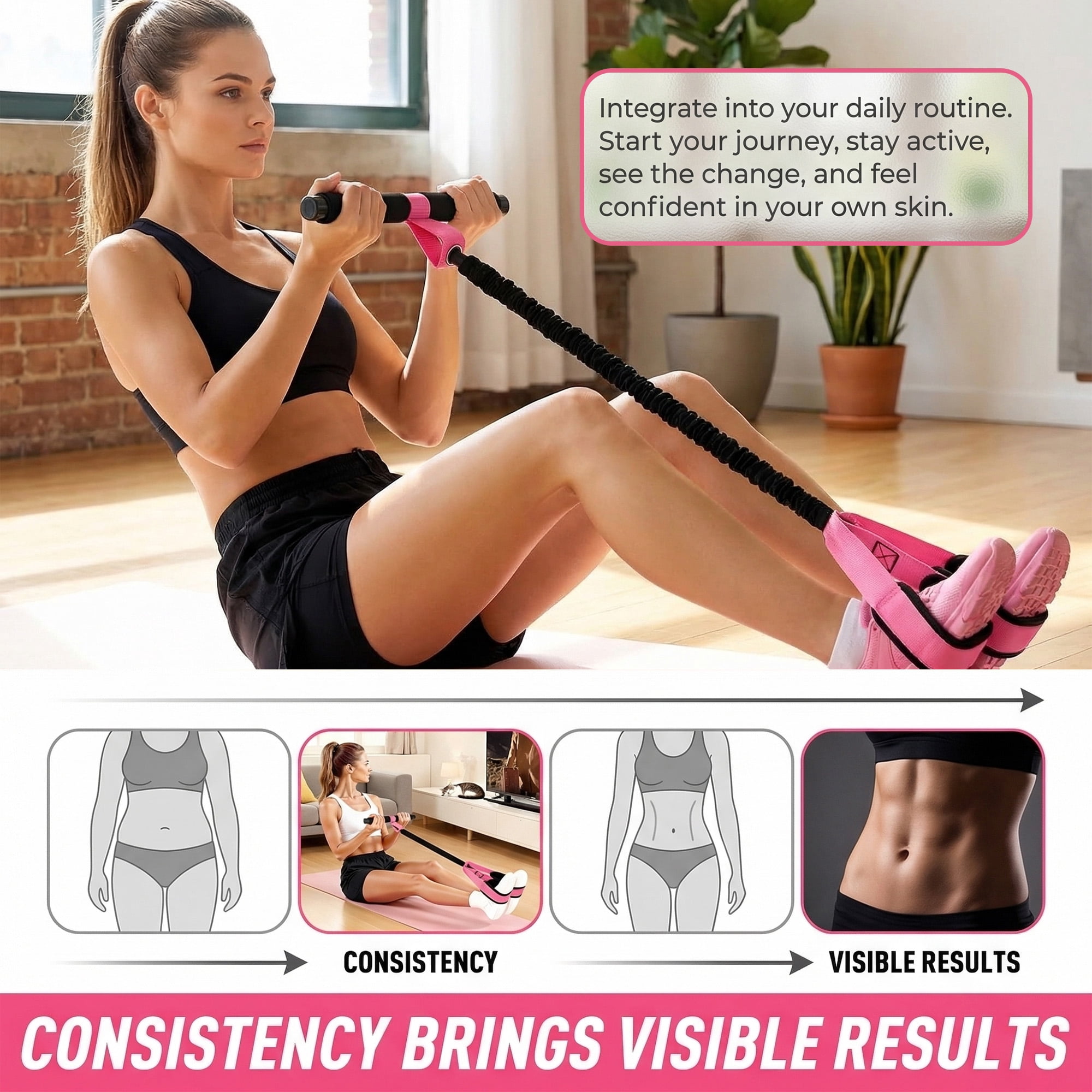 Pedal Resistance Band for Home Workout Sit Up Exercise Band for Core Legs Arms Pilates Training Pink
