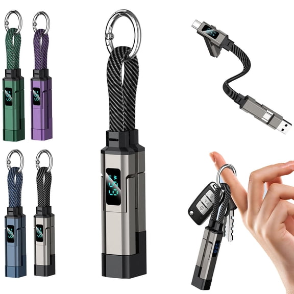 4-in-1 Smart Display Keychain Cable, 65W Fast-Charging Braided, USB-C/A Short, Kink-Resistant Phone Laptop Tablet