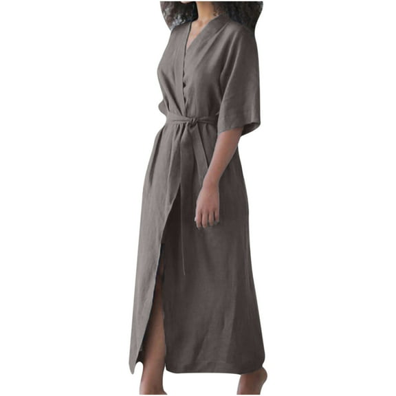Bigersell Dresses for Women 2023 Women's Cotton Linen Short Sleeve Dress hrobe Style Lace Up Cardigan Dress Wedding Guest Dresses for Female Regular Wrap Dresses, Style 17885, Gray M