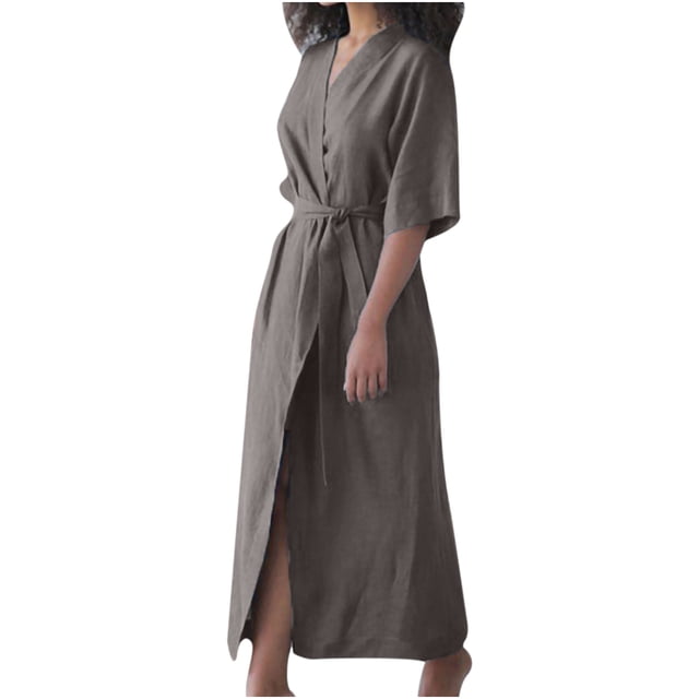 Fridja Robe en Coton et Lin pour Femmes Style Peignoir Robe Cardigan à Lacets