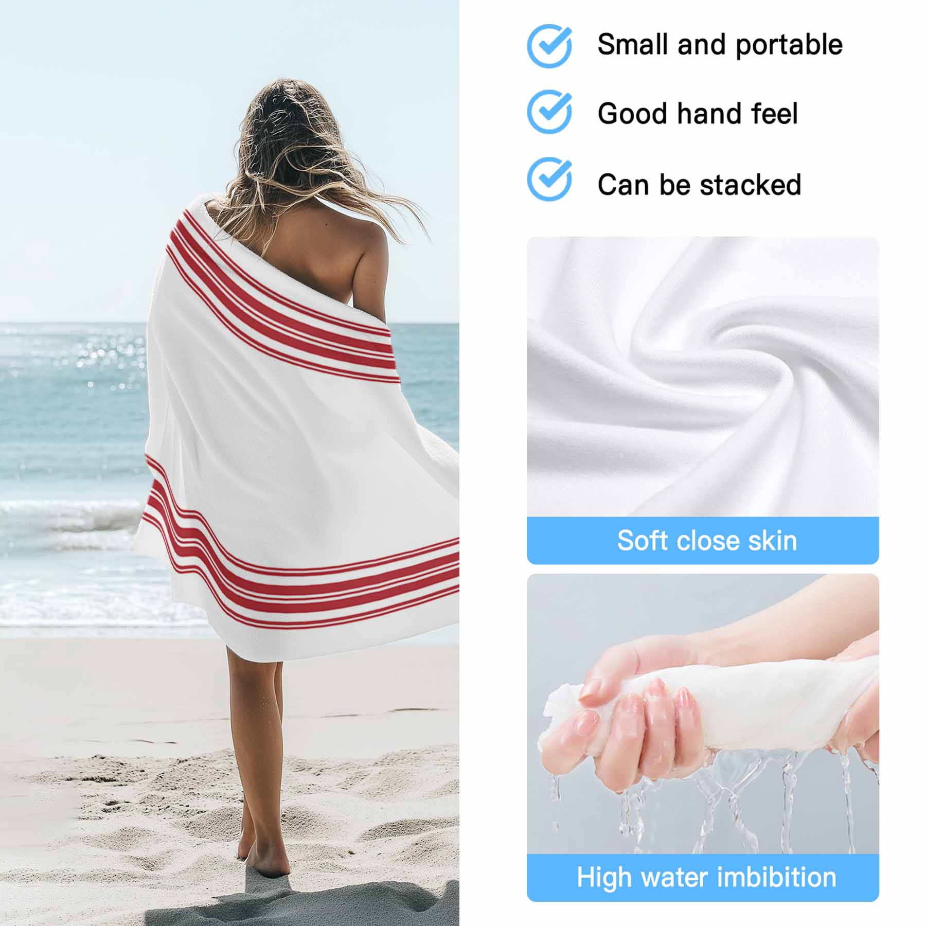 Beach Towel Red Ticking Vertically Stripe Bath Pool Towels Simple Style White Absorbent Beach Towel Soft Large Quick Dry Lightweight Camping Travel Sports Yoga Gym Swim Towels for Adult 35x70 Inch