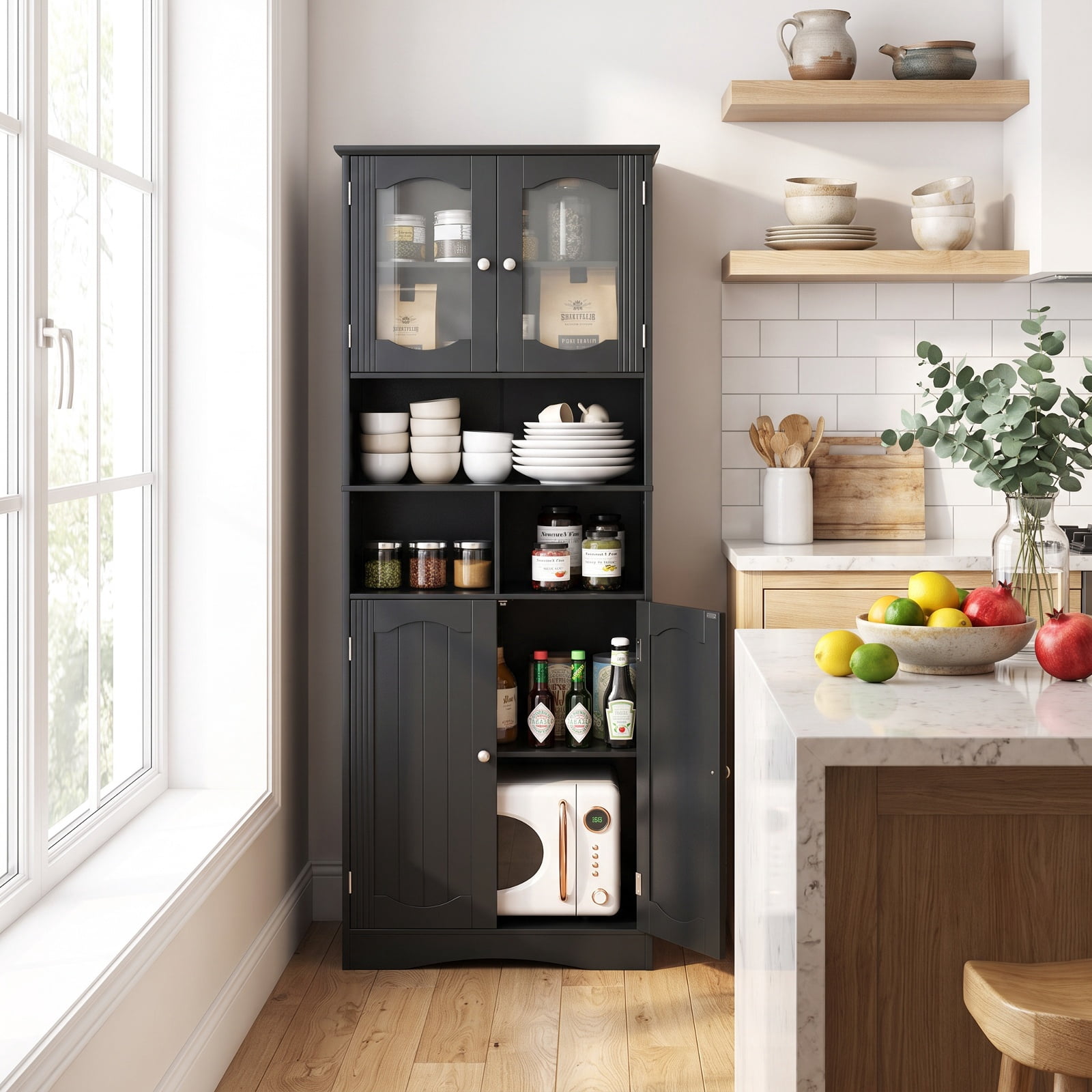 Vebreda Freestanding Bathroom Storage Cabinet, 58.5 Inch Freestanding Linen Bathroom Storage Cabinet with Frost Glass Doors, 2 Adjustable Shelves