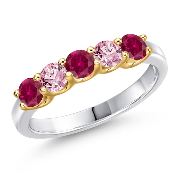 Gem Stone King 10K Two Tone Gold Red Created Ruby and Pink Lab Grown Diamond Wedding-Bands Ring for Women | 1.11 Cttw | Round 3.5MM | Gemstone July Birthstone | Size 9